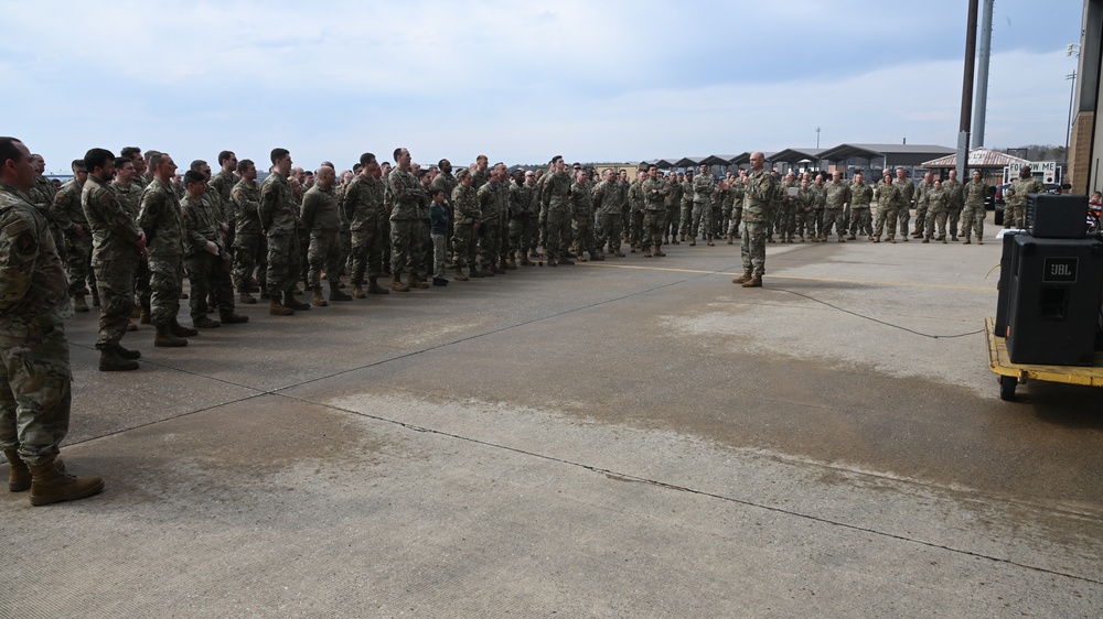 U.S. Air Force Col. David R. Wright delivers a commander's call