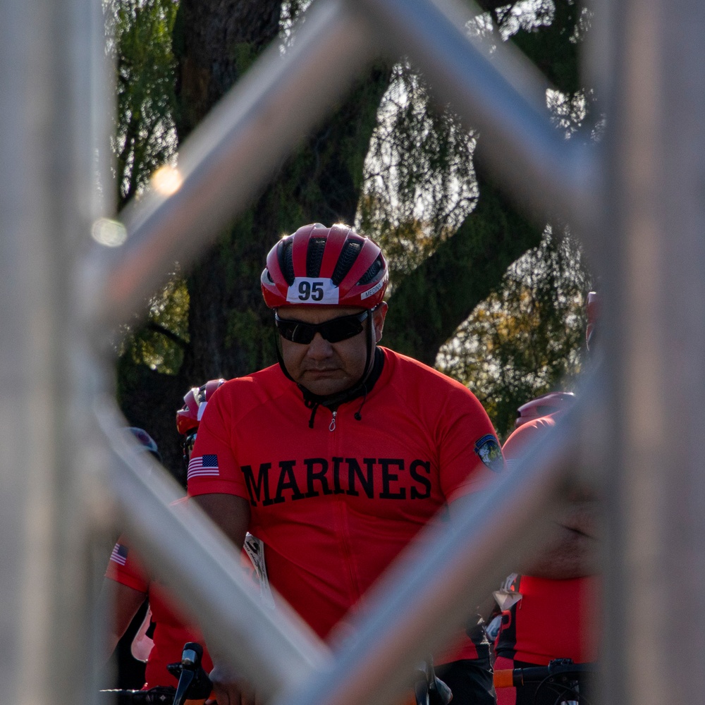 U.S. Marines with Wounded Warrior Regiment compete in the Marine Corps Trails cycling competition