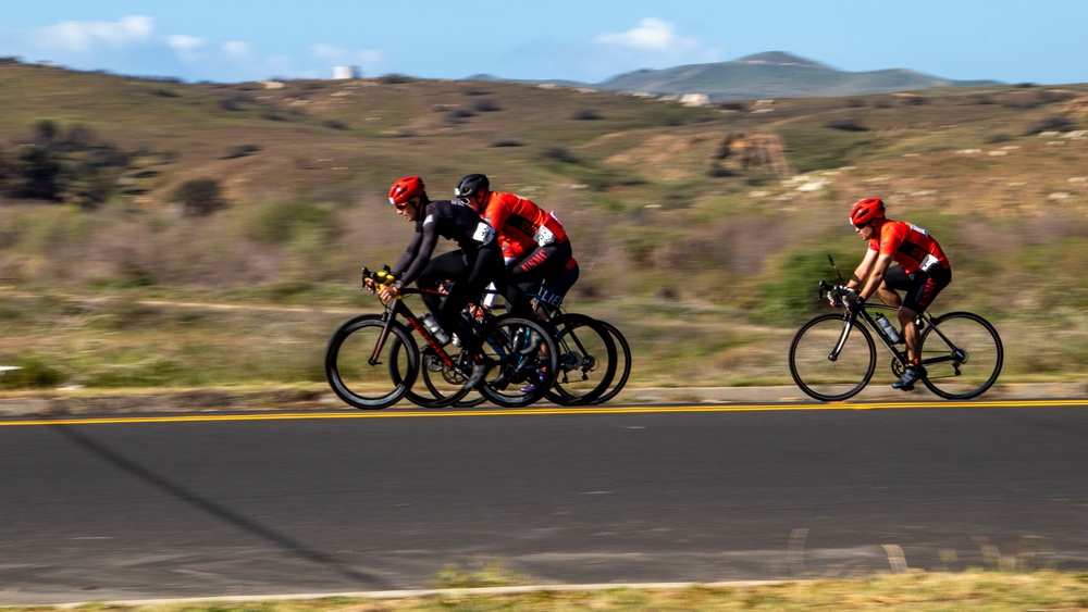 U.S. Marines with Wounded Warrior Regiment compete in the Marine Corps Trails cycling competition