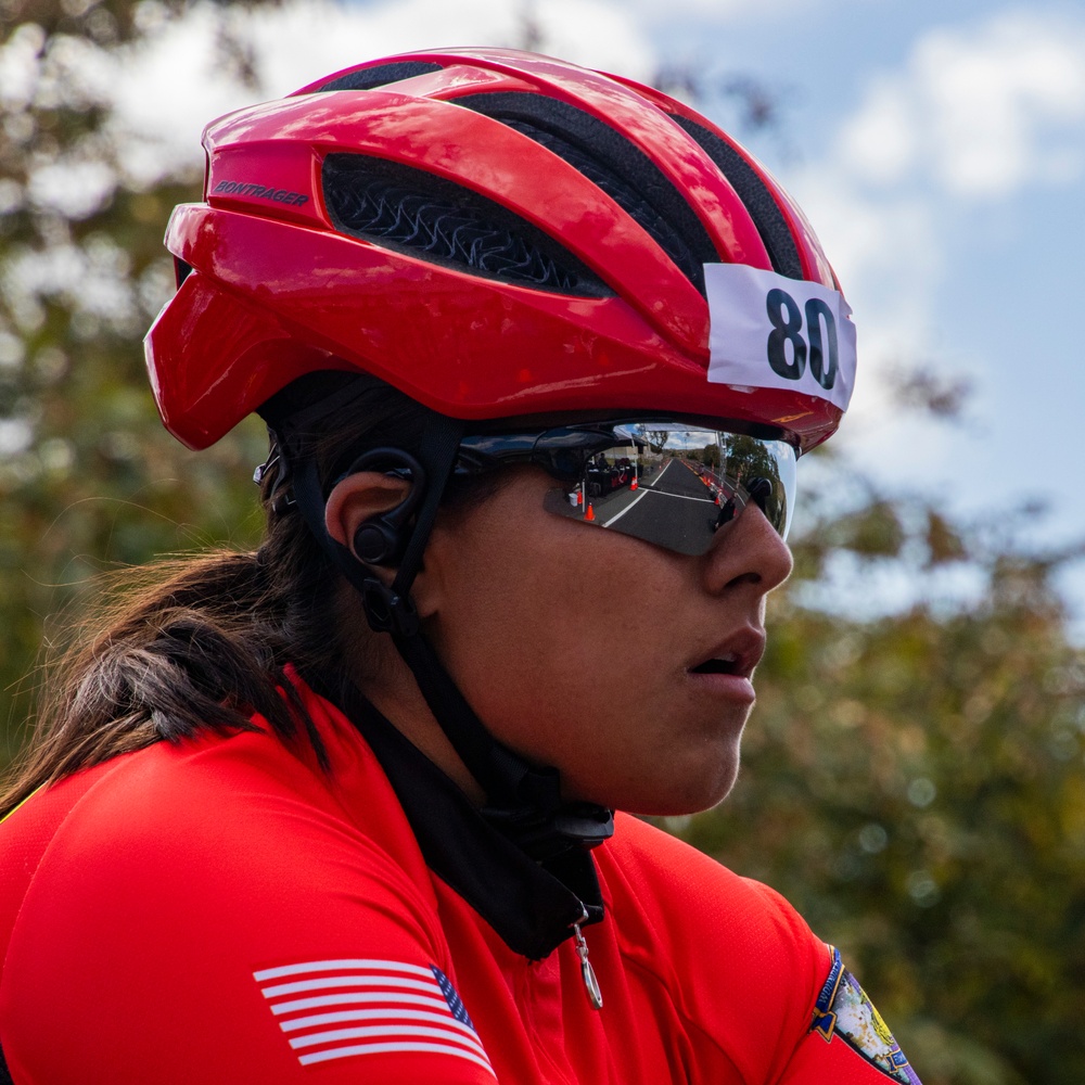 U.S. Marines with Wounded Warrior Regiment compete in the Marine Corps Trails cycling competition