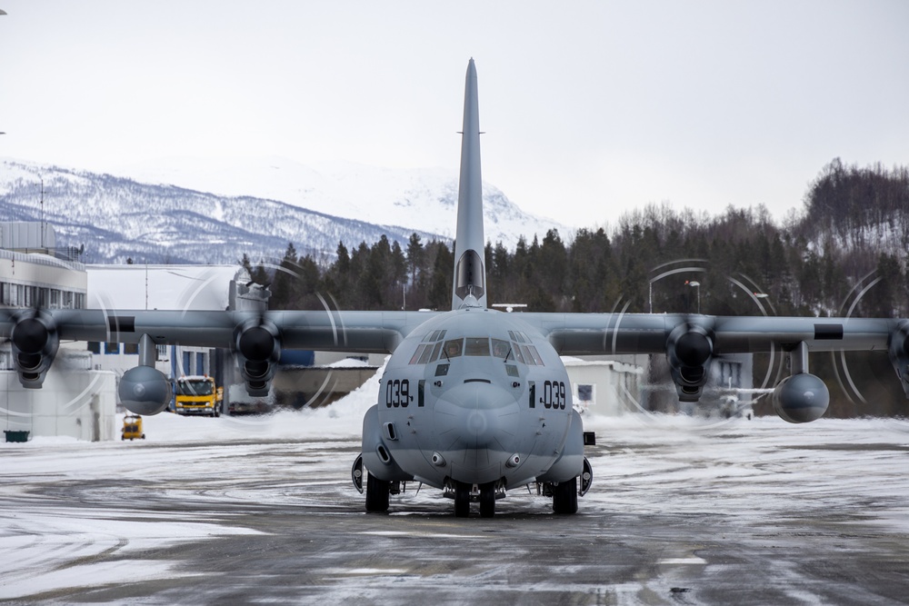 U.S. Marine Corps KC-130J departs Bardufoss, Norway