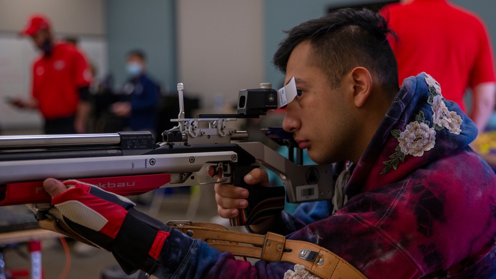 : U.S. Marines with Wounded Warrior Regiment compete in the Marine Corps Trails shooting competition