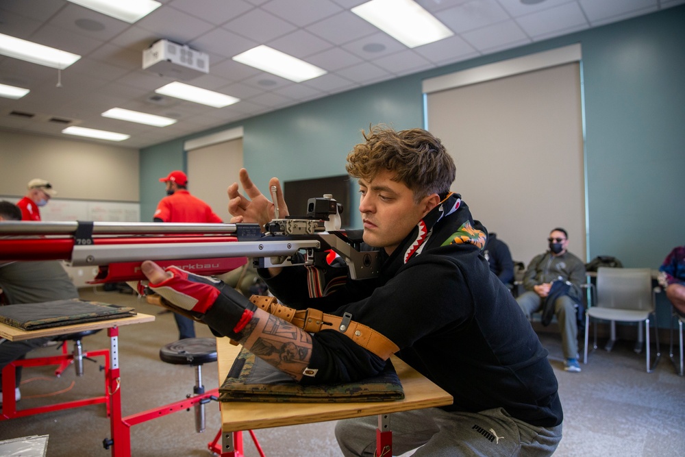 : U.S. Marines with Wounded Warrior Regiment compete in the Marine Corps Trails shooting competition