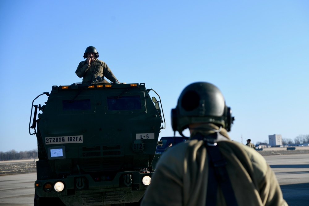 182nd Field Artillery loads HIMARs on C-17 at Selfridge