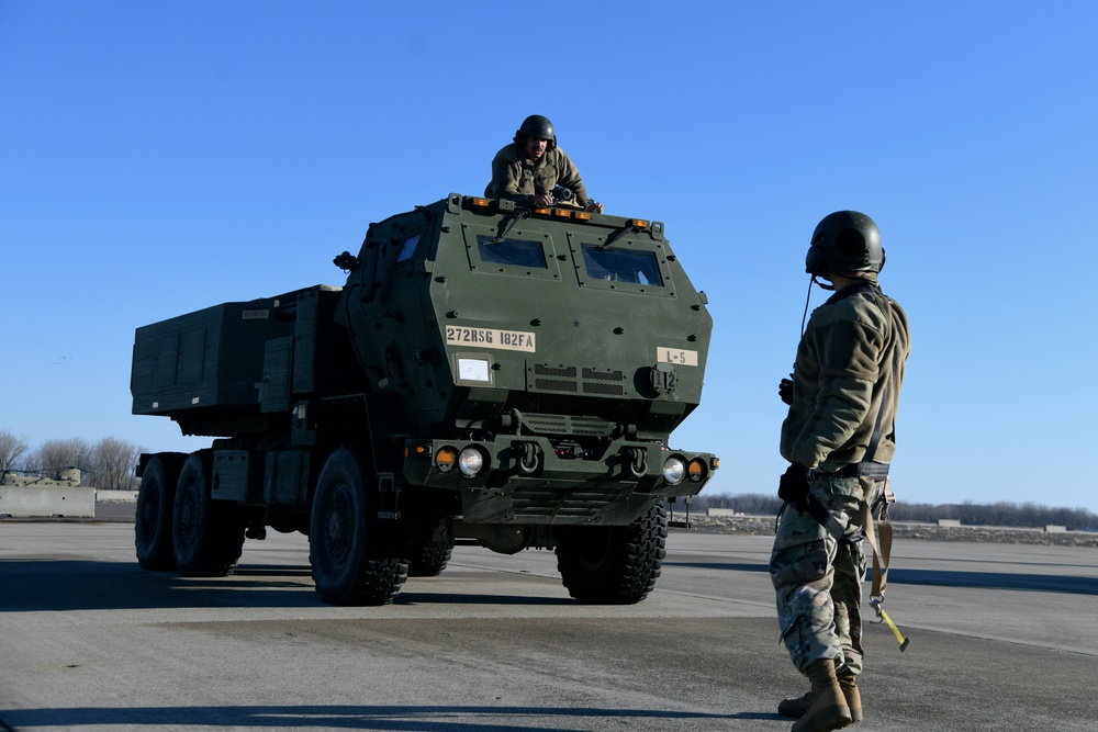 182nd Field Artillery loads HIMARs on C-17 at Selfridge