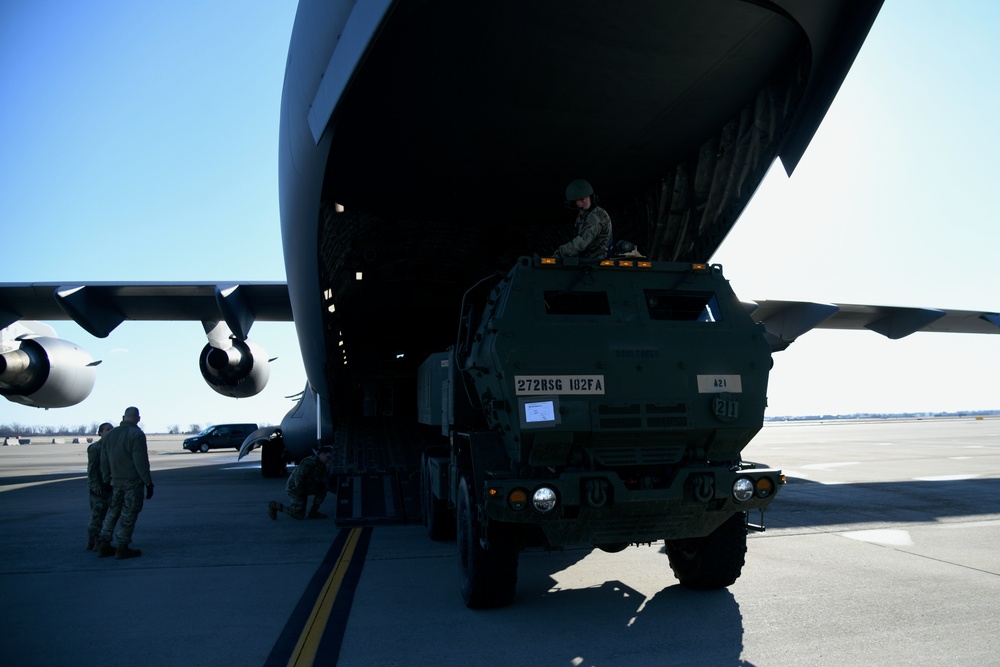 182nd Field Artillery loads HIMARs on C-17 at Selfridge