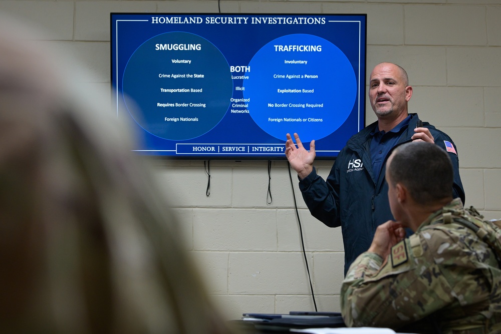 Special Agent Milton Miranda briefs Airmen with the 156th SFS