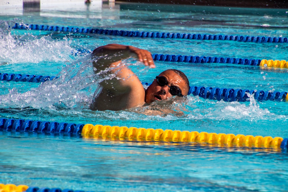 U.S. Marines with Wounded Warrior Regiment compete in the Marine Corps Trials swimming competition