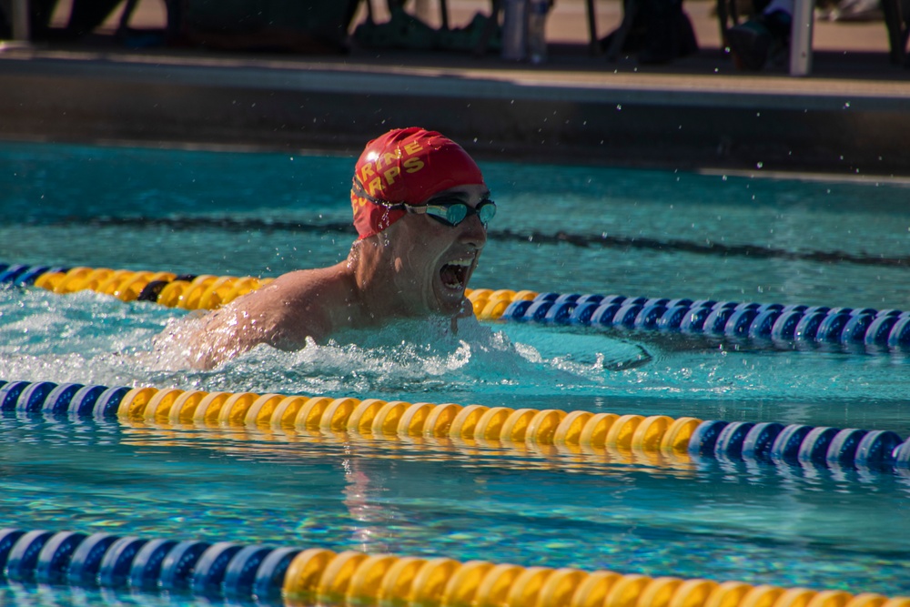 U.S. Marines with Wounded Warrior Regiment compete in the Marine Corps Trials swimming competition