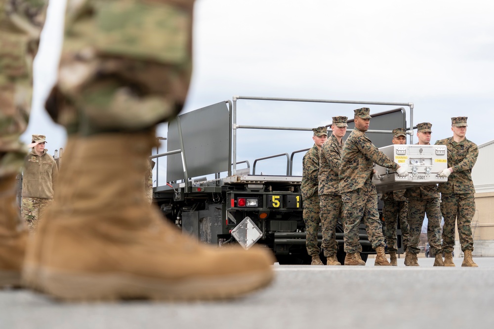 U.S. Marine Corps carry team practices a dignified transfer movement