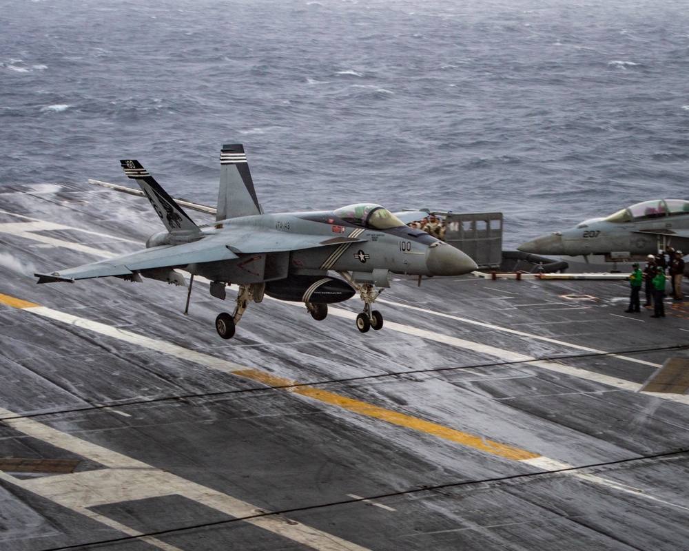 F/A-18 Super Hornet Aircraft Lands On Flight Deck