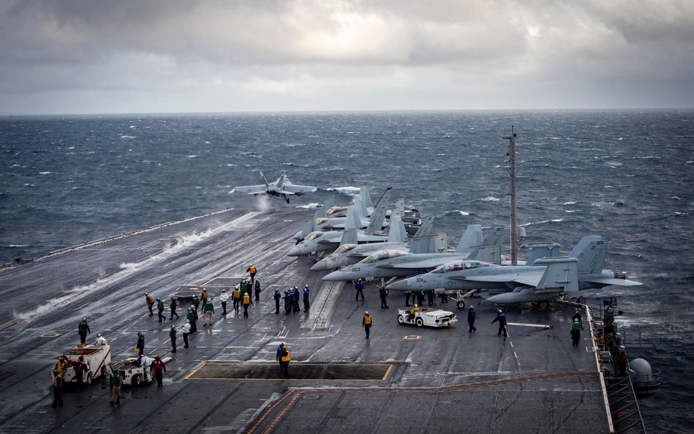 F/A-18 Super Hornet Aircraft Launches From Flight Deck