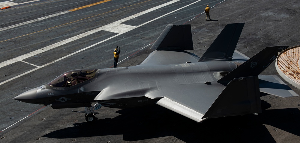 An F-35C Lighting II Taxis Across the Flight Deck