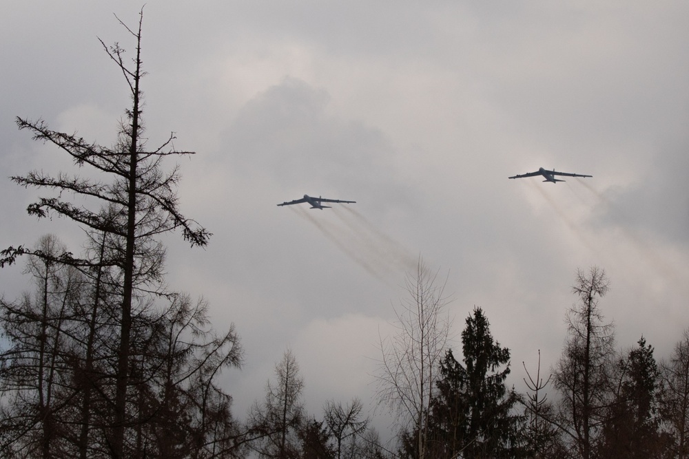U.S. Air Force B-52H Stratofortress bombers conduct low pass flyovers of the Grafenwoehr Training Area, Germany