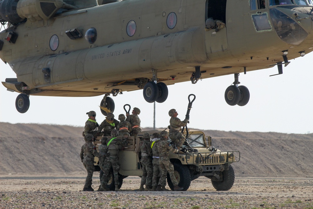 11th Combat Aviation Brigade facilitates joint sling load training for the 1067th Composite Truck Company, the 389th Combat Sustainment Support Battalion, and the British 16 Air Assault Combat Aviation Brigade