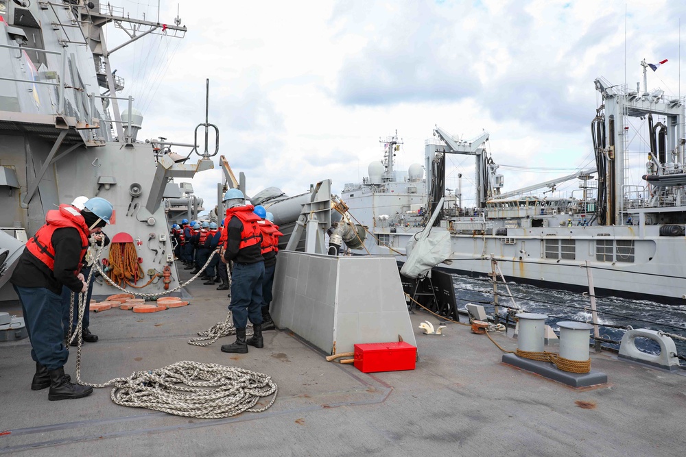 USS Ross conducts underway replenishment with French ship FS Marne