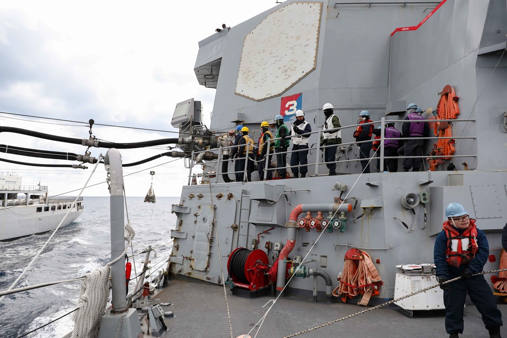 USS Ross conducts underway replenishment with French ship FS Marne