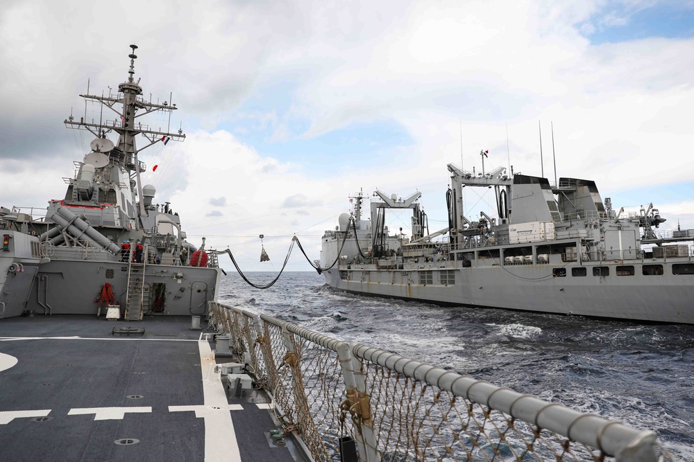 USS Ross conducts underway replenishment with French ship FS Marne