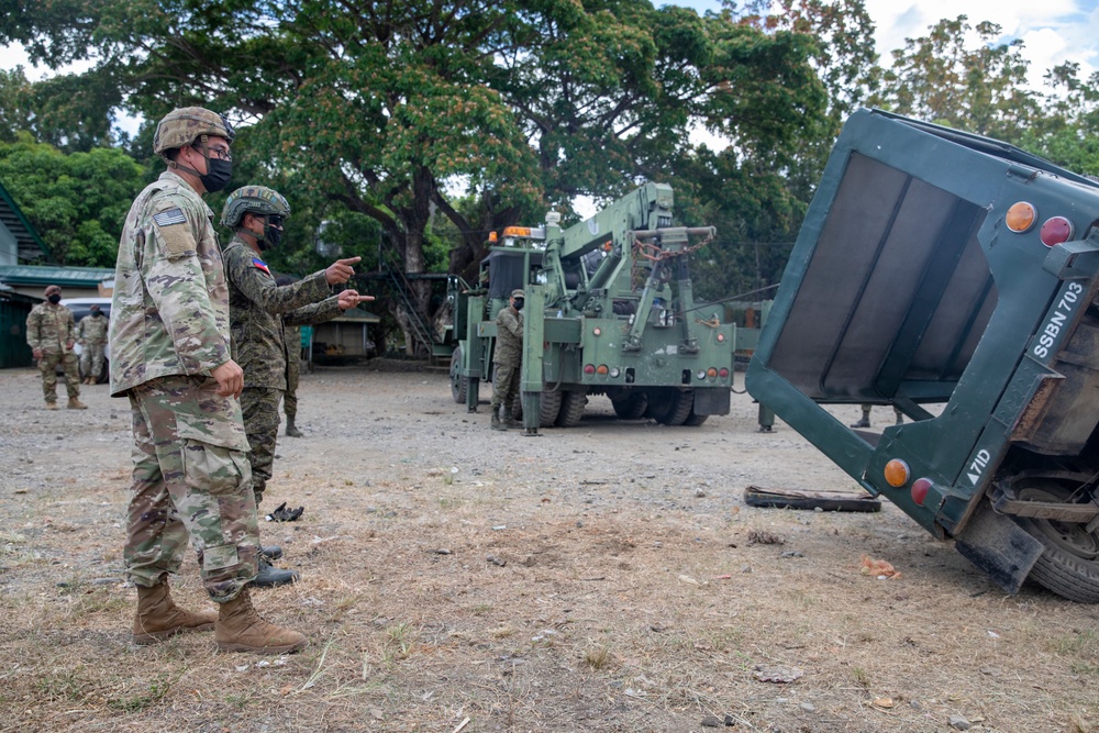 U.S. and Philippine Army Soldiers conduct rolled-over vehicle recovery combined training during Salaknib 2022