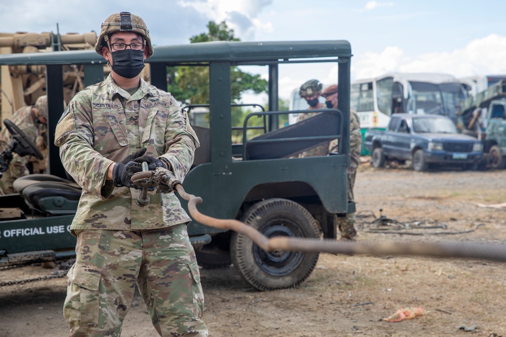 U.S. and Philippine Army Soldiers conduct rolled-over vehicle recovery combined training during Salaknib 2022