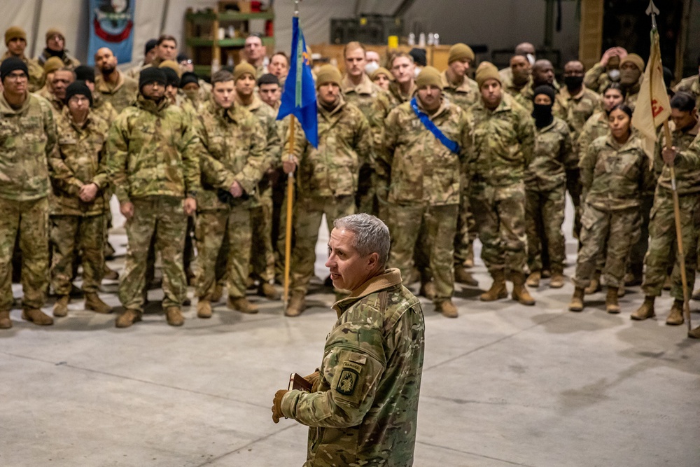 Command Sgt. Maj. Robert Christensen addresses the battalion