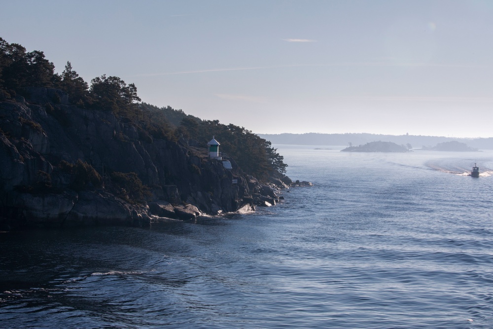 USS Forrest Sherman Transits Into Stockholm, Sweden