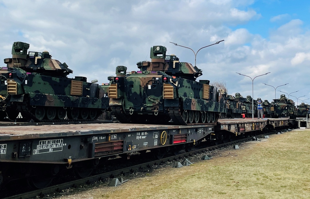 Dozens of M2 Bradley infantry fighting vehicles shipped via German railway