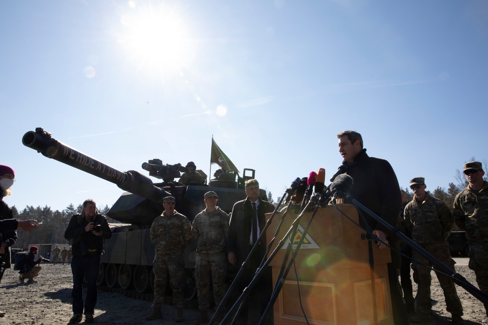The Minister President of Bavaria, Markus Soeder, addresses the media and U.S. Soldiers
