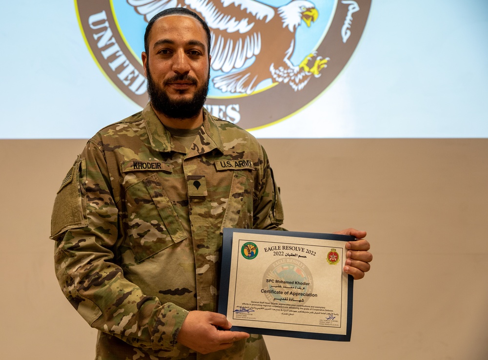 Spc. Mohamed Khodier receives certificate of appreciation