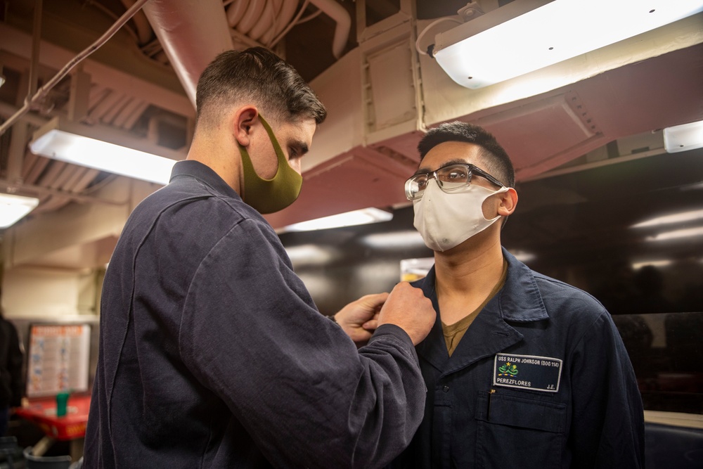 A Sailor is Frocked Aboard USS Ralph Johnson (DDG 114)