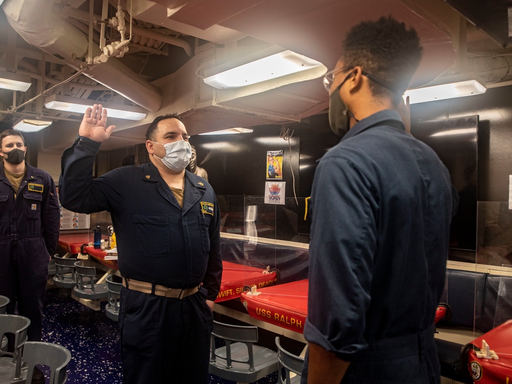 A Sailor Re-Enlists Aboard USS Ralph Johnson (DDG 114)