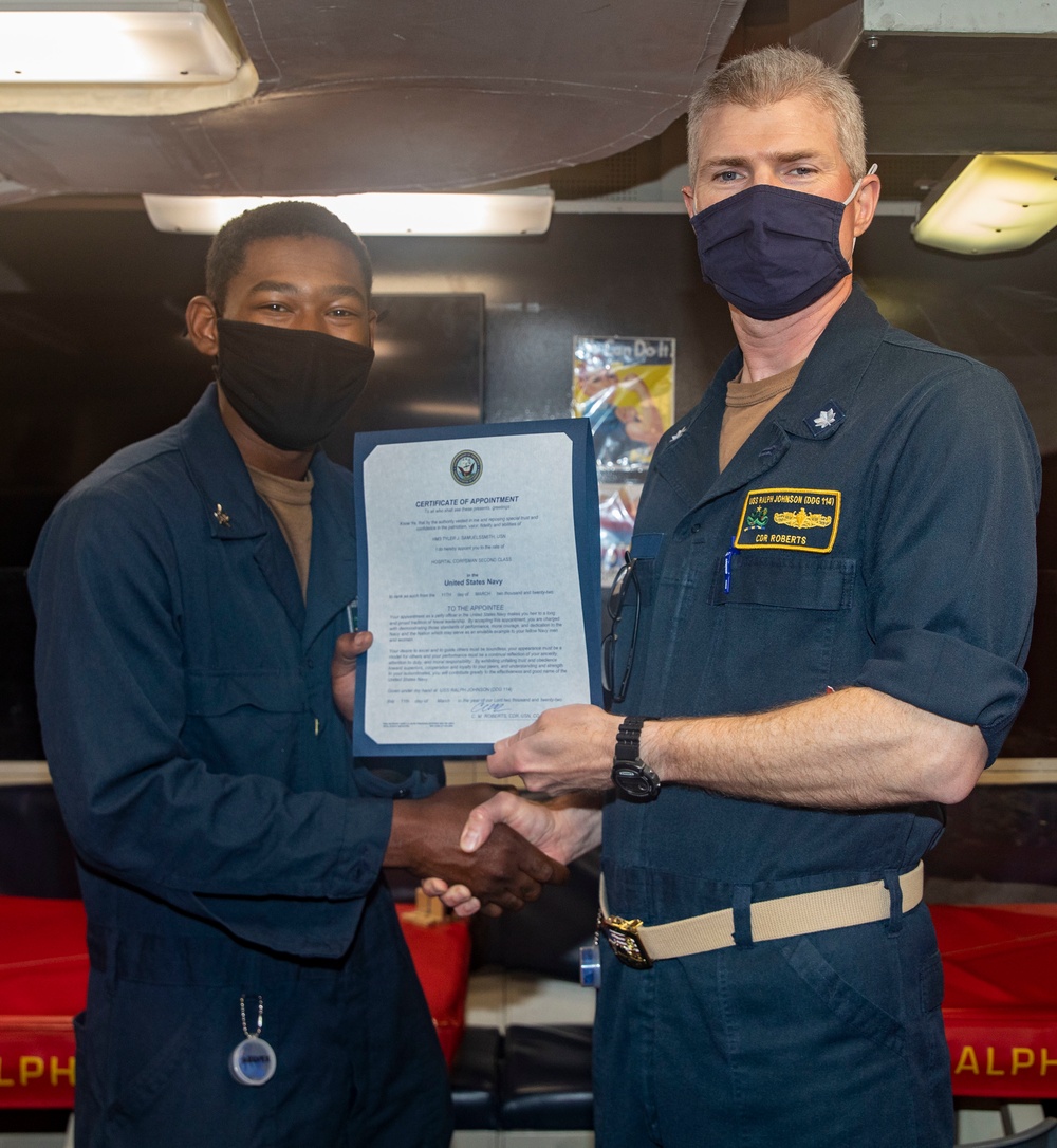 Sailors Aboard USS Ralph Johnson (DDG 114) Are Frocked