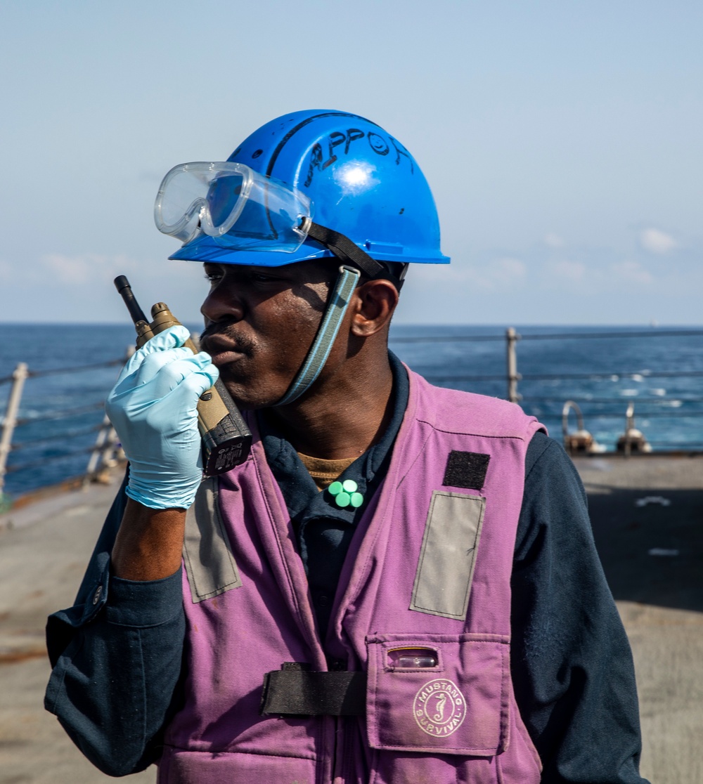 Sailors Aboard USS Ralph Johnson (DDG 114) Conduct Replenishment-at-Sea with USNS Matthew Perry (T-AKE-9)
