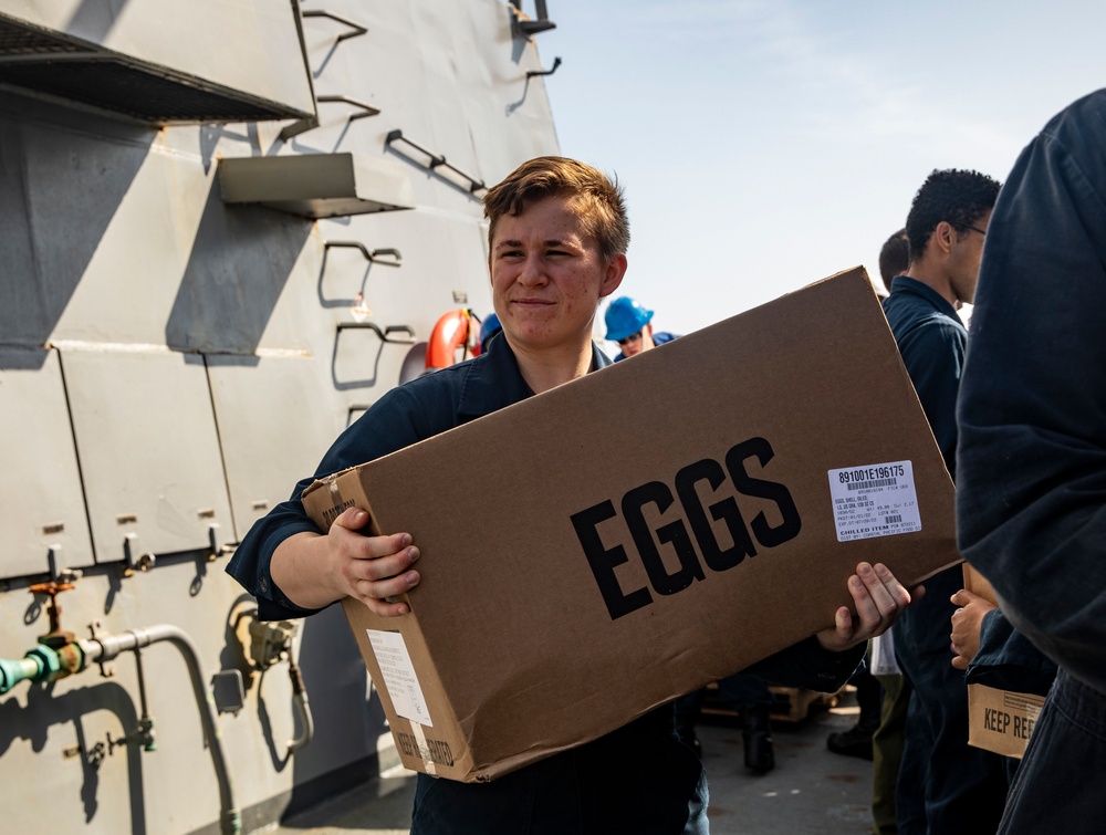 Sailors Aboard USS Ralph Johnson (DDG 114) Conduct Replenishment-at-Sea with USNS Matthew Perry (T-AKE-9)