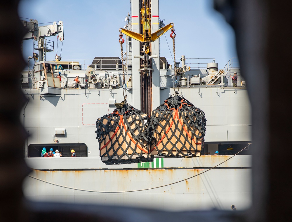 Sailors Aboard USS Ralph Johnson (DDG 114) Conduct Replenishment-at-Sea with USNS Matthew Perry (T-AKE-9)