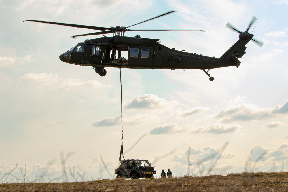 3rd Battalion, 227th Aviation Regiment conducts sling load and air assault operations with the Royal Netherlands 11th Infantry Brigade during Rapid Falcon 2022