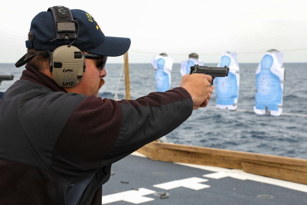 USS Ross Sailors conduct small arms shoot