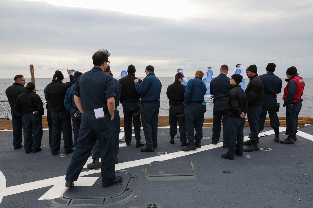 USS Ross Sailors conduct small arms shoot
