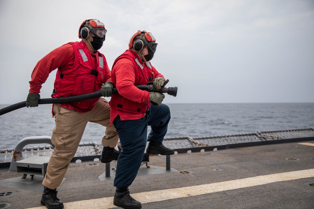 USS Milwaukee Conducts Flight Deck Firefighting Drill