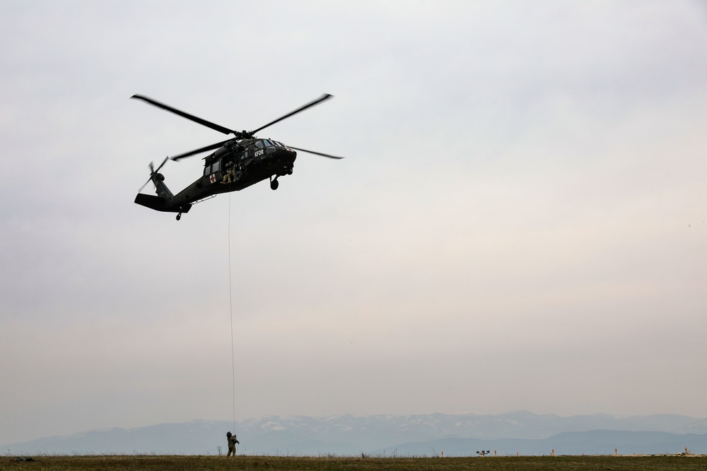 U.S. Army Soldiers conduct high-performance rescue hoist training in Kosovo