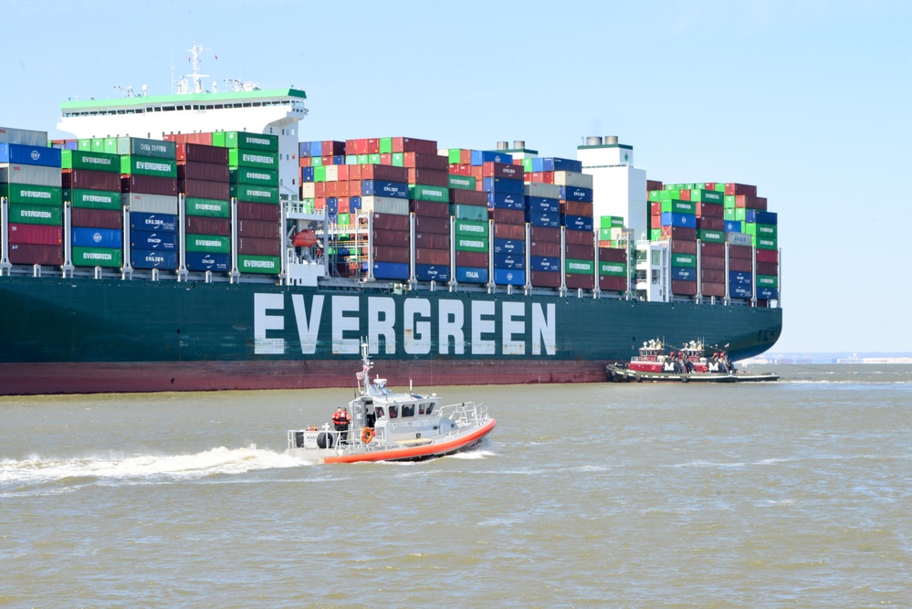 Coast Guard Station Curtis Bay patrols alongside container ship Ever Forward in Chesapeake Bay