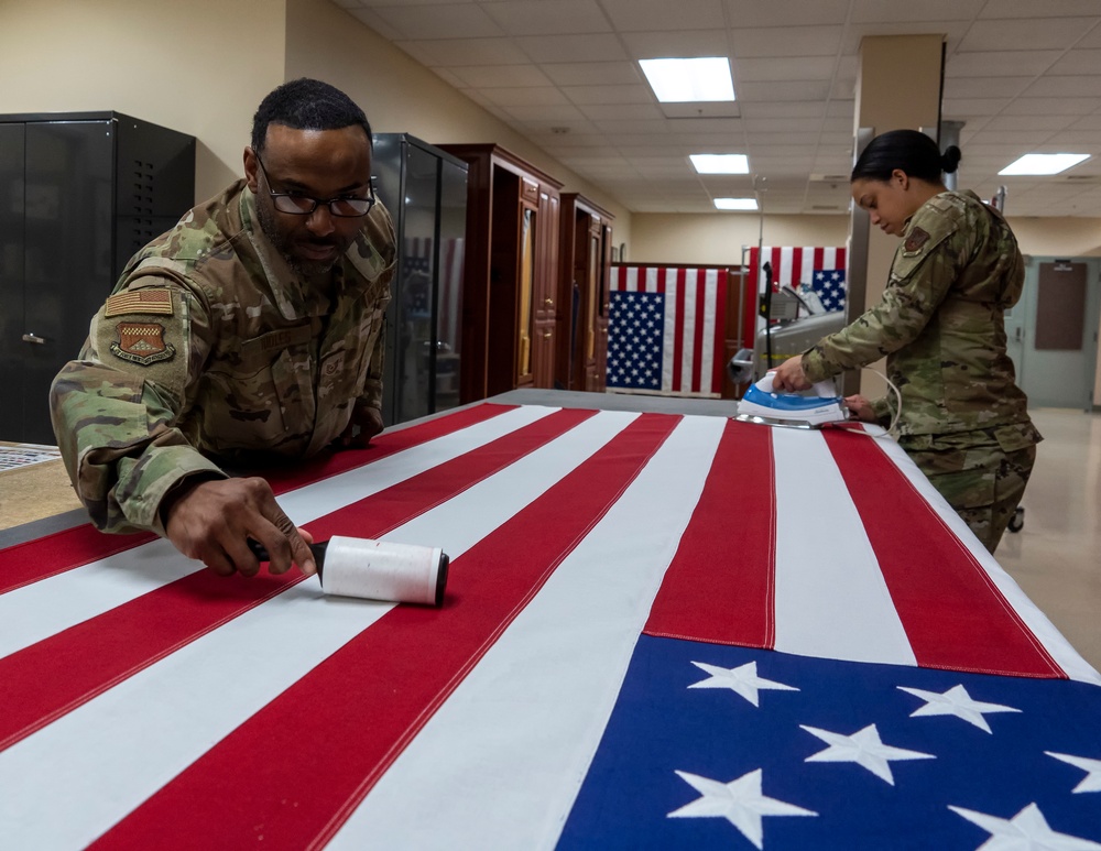 U.S. Flag preparation at Air Force Mortuary Affairs Operations