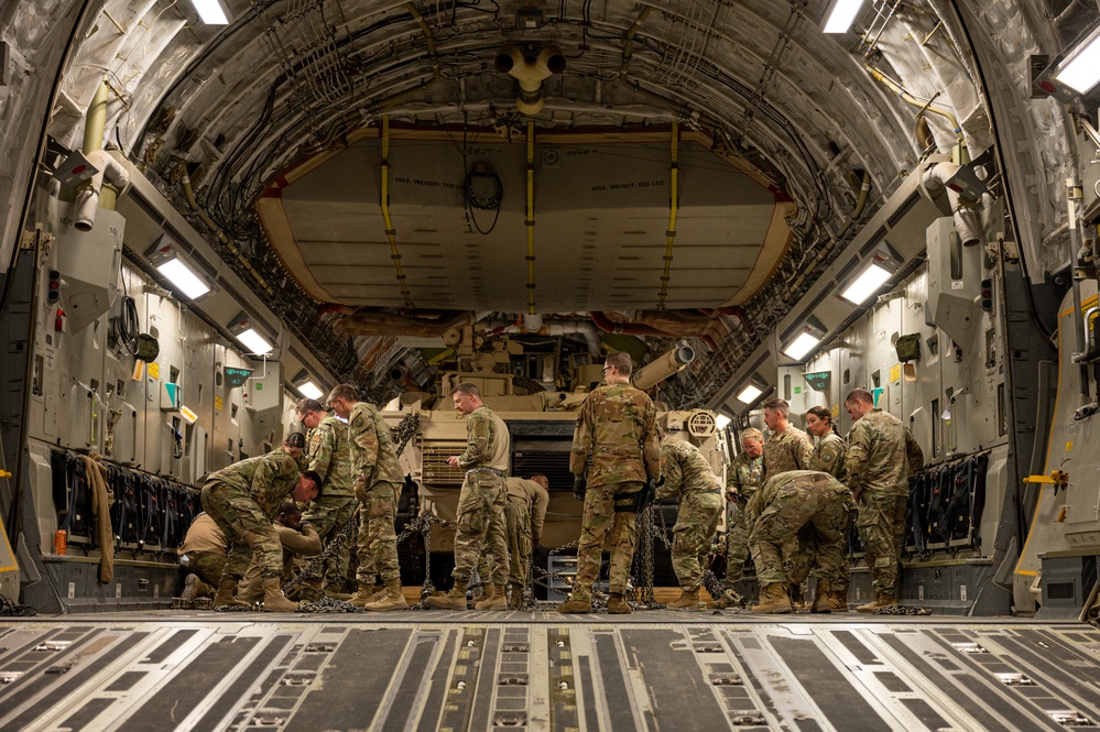 U.S. Air Force and Army work together to load an M1A2 Abrams tank onto a C-17 Hercules