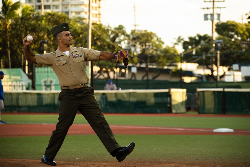 MCBH CO throws first pitch for U of H baseball game