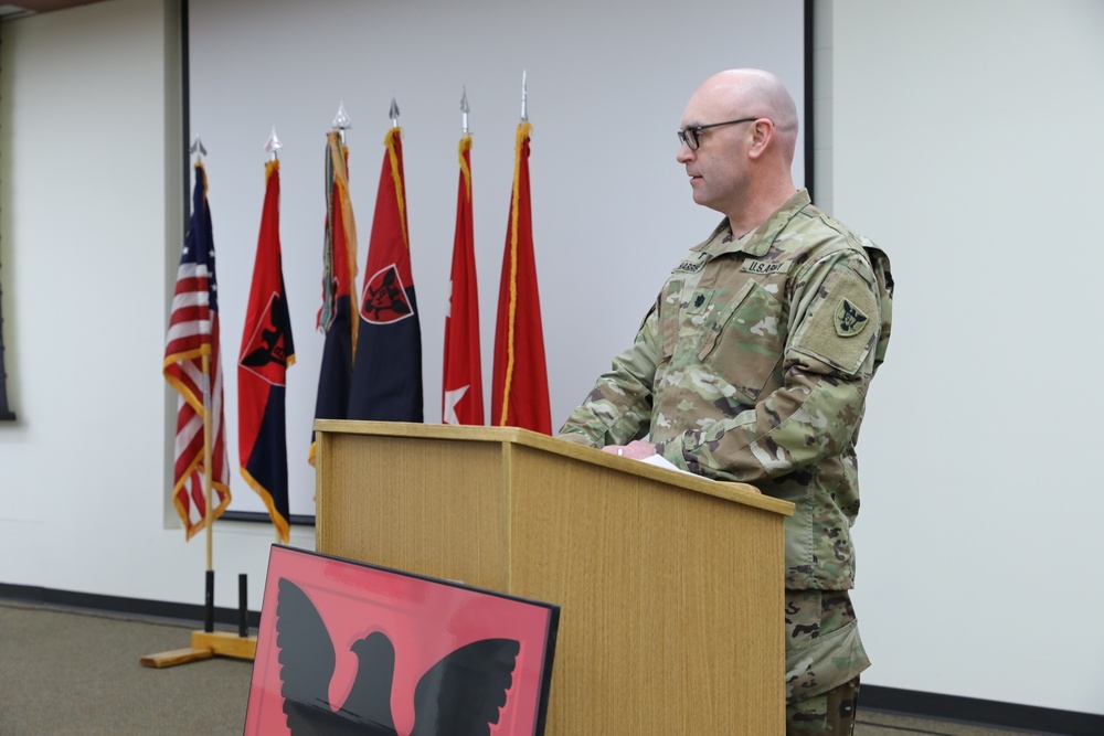 Chaplain speaks prior to the 86th Training Division Change of Responsibility Ceremony