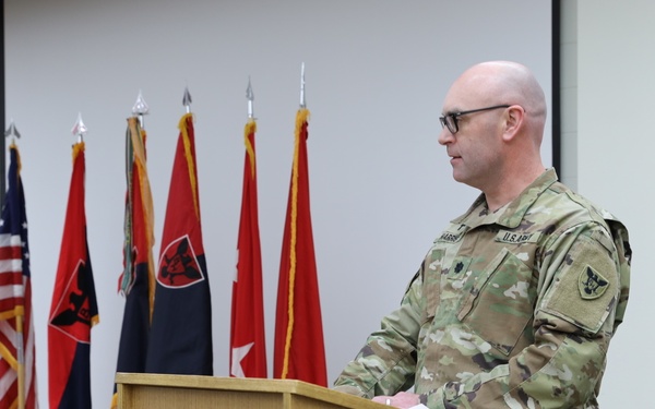 Chaplain speaks prior to the 86th Training Division Change of Responsibility Ceremony