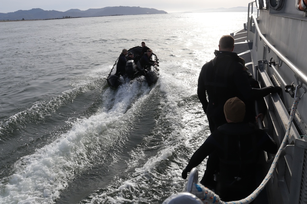 U.S. Coast Guard trains with 1st SFG (A) Green Berets on casualty care, rough water operations near Cape Disappointment