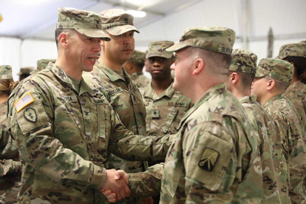 Transportation troops receive their patches in Zagan, Poland.