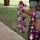 A person wearing US Marine Corps digital camouflage (MARPAT) uniform is holding a traditional Hawaiian lei made of purple and white orchids. A second lei is visible draped over their arm or tucked at their side. The setting appears to be an outdoor area with green grass and a concrete pathway in the background.