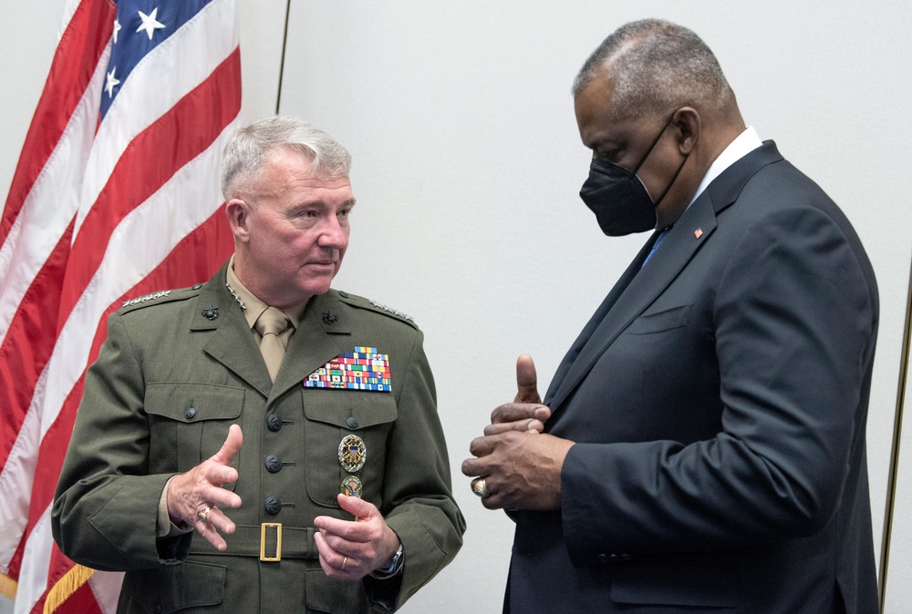 Defense Secretary Austin Talks with Outgoing CENTCOM Commander